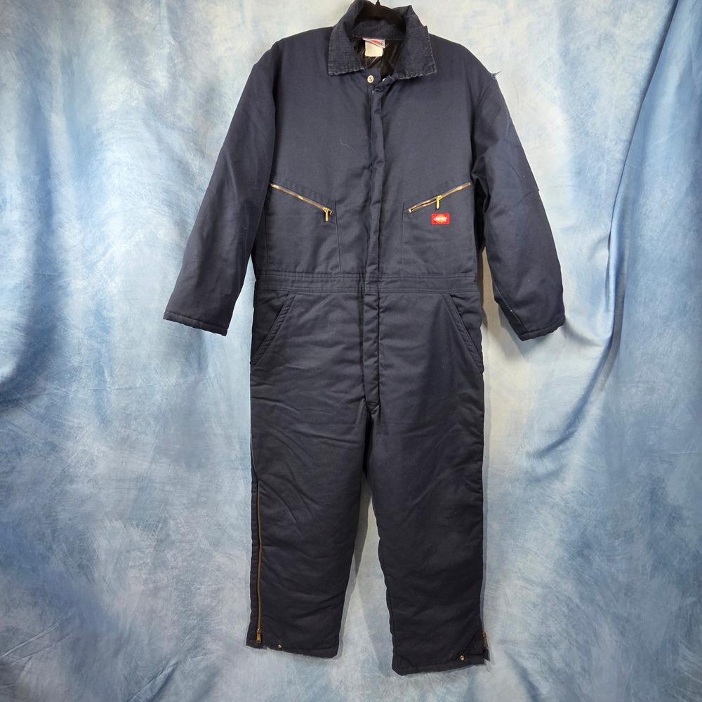Dickies Mens Insulated Coveralls Navy Blue Quilted Lined Work Jumpsuit Canvas